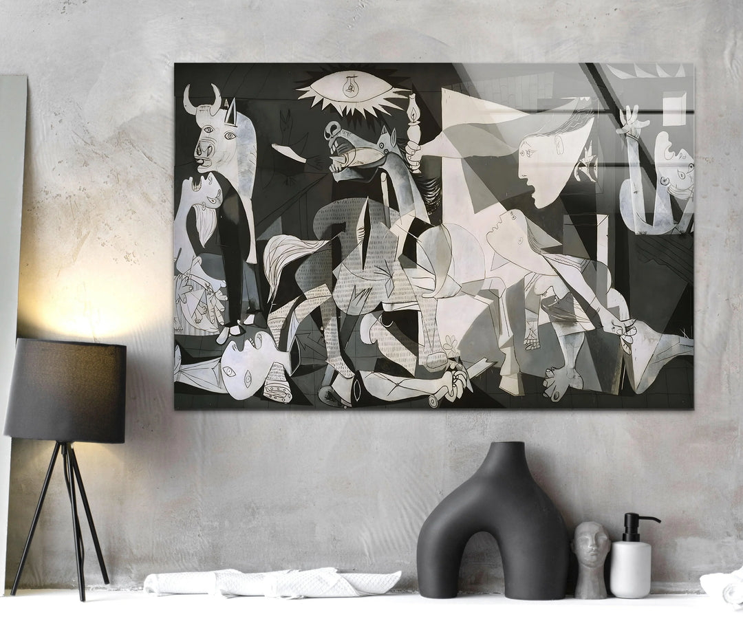 Tempered glass artwork depicting a Guernica-inspired composition with bold shapes and contrasting grayscale tones.