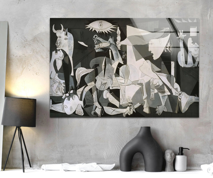 Tempered glass artwork depicting a Guernica-inspired composition with bold shapes and contrasting grayscale tones.