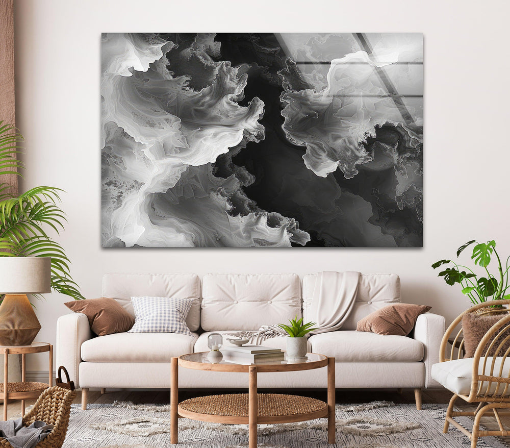 Contemporary black and white wall art with dynamic cloud-form textures and smooth abstract movement.
