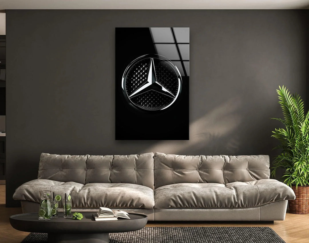 High-gloss glass wall art with a detailed metallic star symbol and dark reflective backdrop.