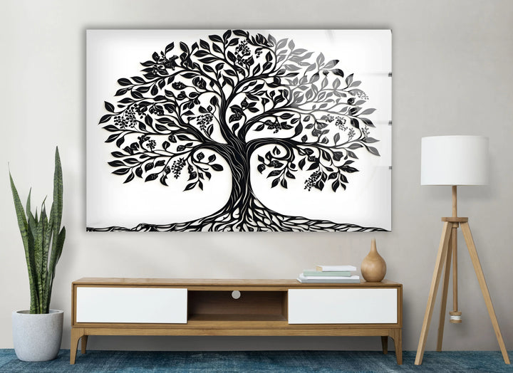 Black and white glass wall art portraying a stylized tree with richly patterned foliage.