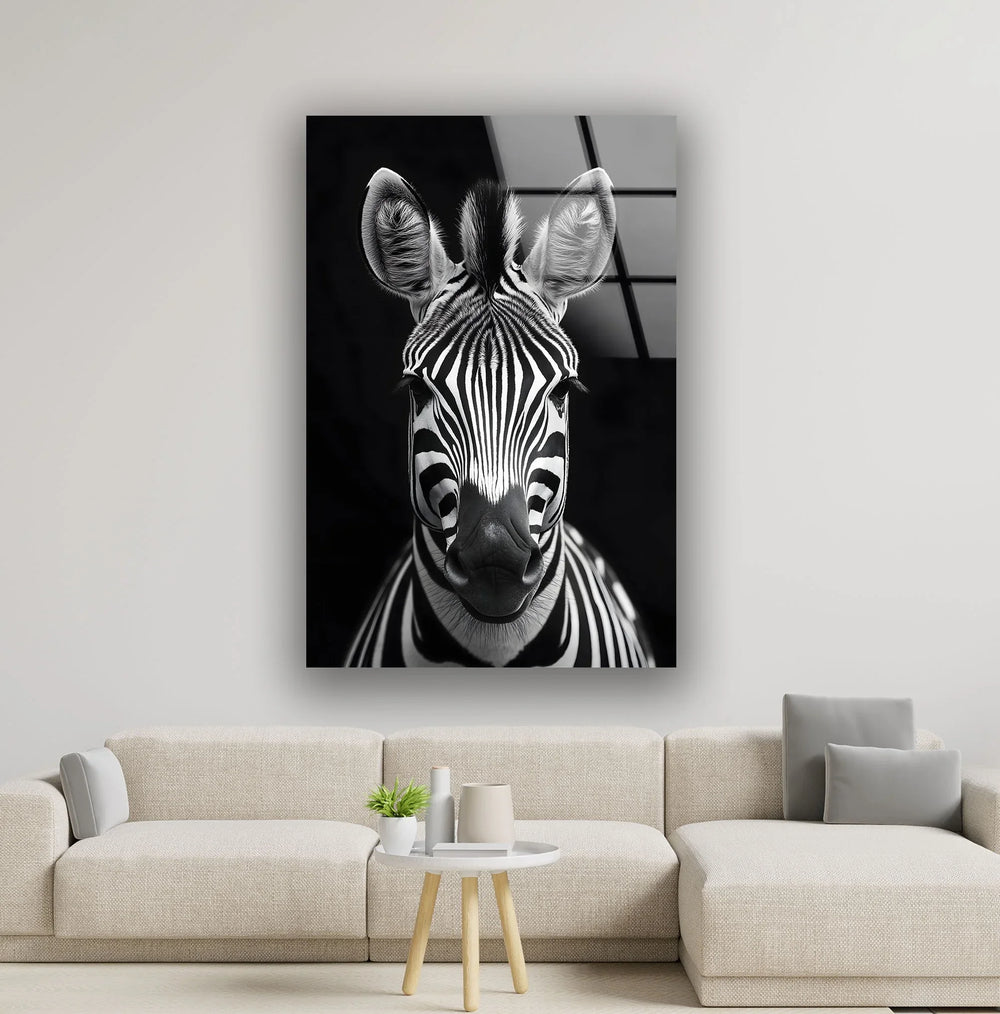 Monochrome zebra artwork on tempered glass showcasing the animal’s symmetrical stripe pattern and expressive ears.