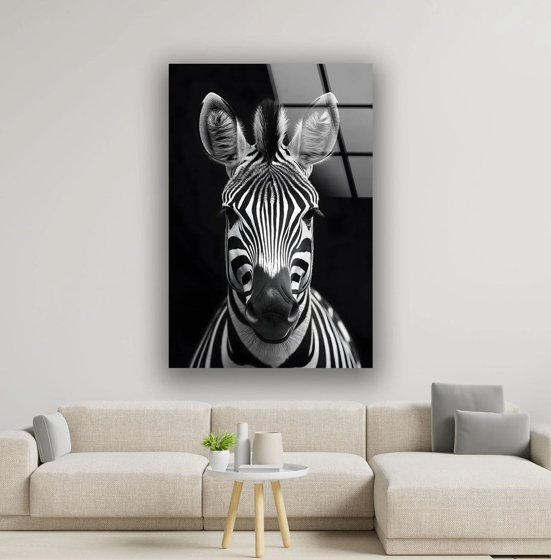 Monochrome zebra artwork on tempered glass showcasing the animal’s symmetrical stripe pattern and expressive ears.