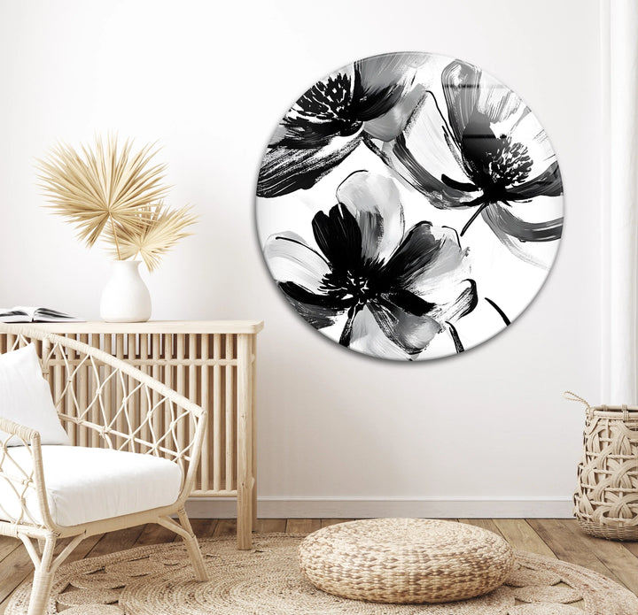 Modern abstract flower artwork in black and white, elegantly displayed on glass wall art.
