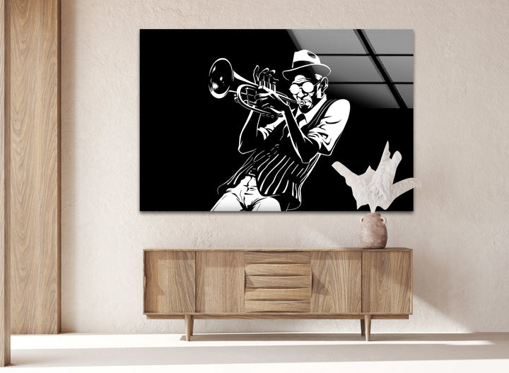 Trumpet player in vintage jazz pose rendered in bold monochrome glass wall art.