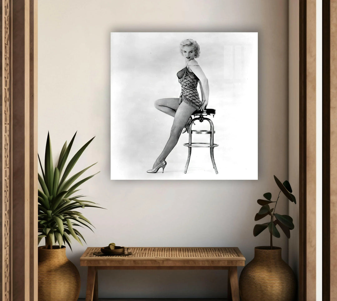 Classic Hollywood style Marilyn Monroe image designed as chic black and white wall art.