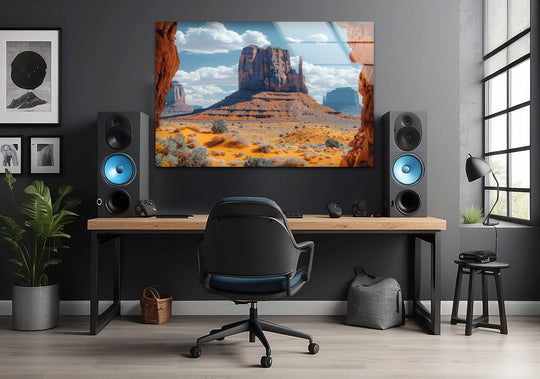 Exhibiting rich color saturation, this Monument Valley landscape showcases art from glass featuring breathtaking Southwest desert formations and vibrant, cloud-filled skies.