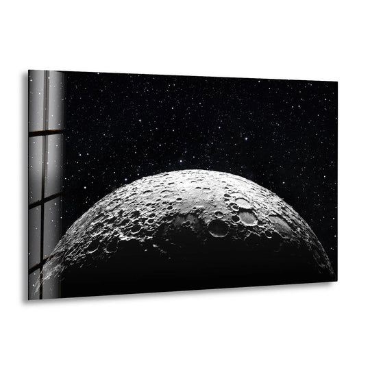 Space wall art showing the moon surface in black and white is moon surface glass wall art for cosmic themed interior decor