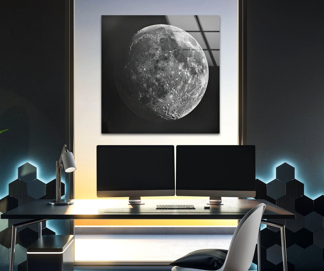 Celestial monochrome glass wall art emphasizing the moon’s geological patterns and crater formations.