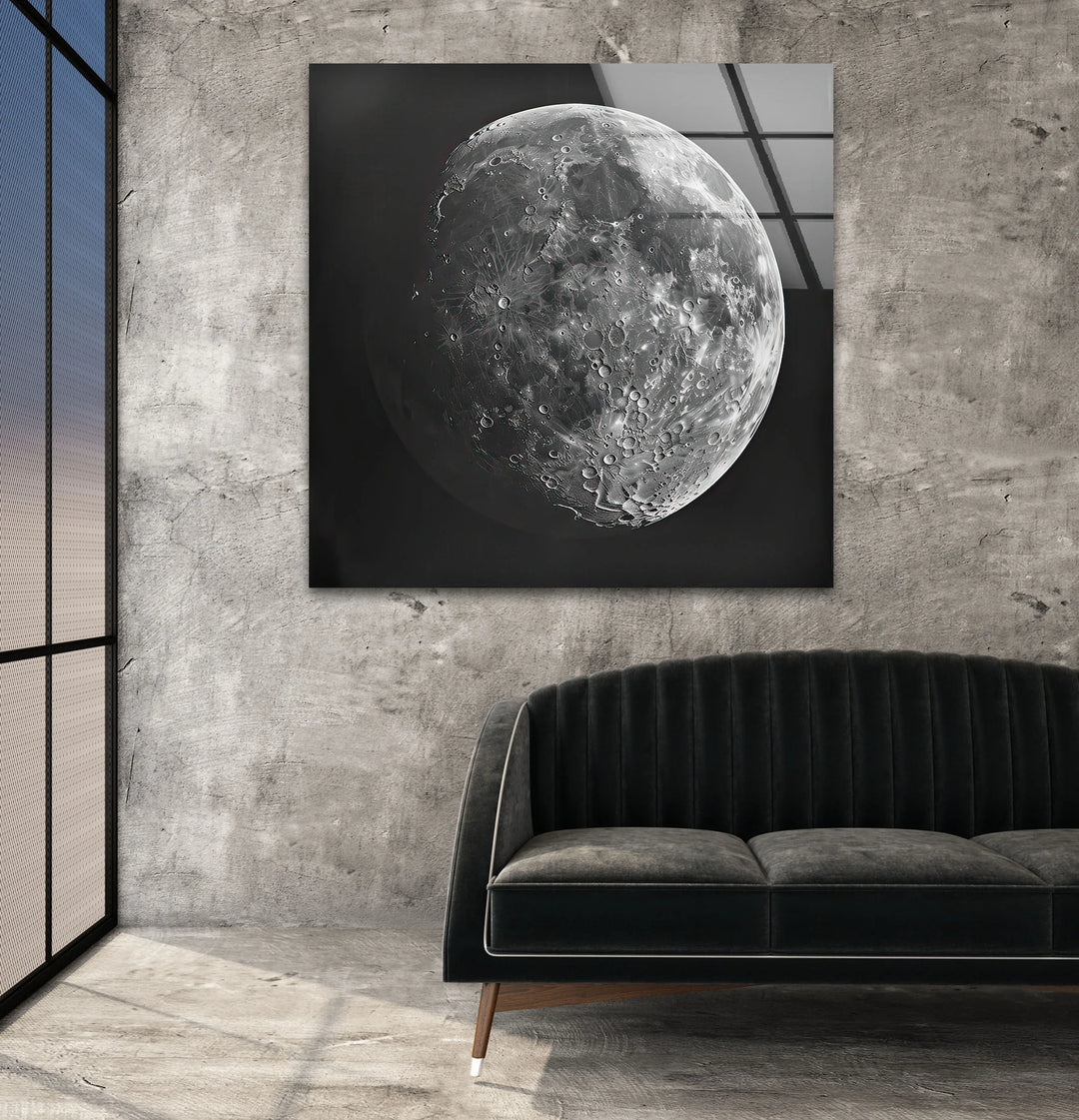 High-contrast lunar photography design on tempered glass with crisp crater detailing.