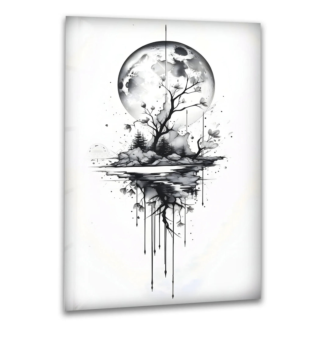 Black and white glass wall art of a full moon above a floating island with trees and dripping reflections.