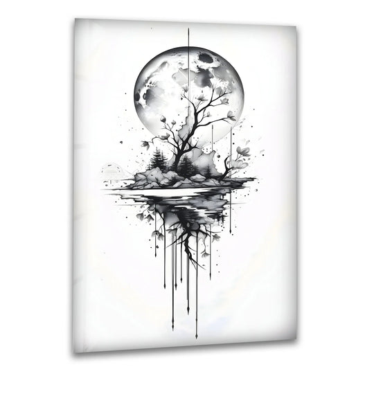Minimalist glass printing features a vast expanse of white negative space framing a haunting reflection of a tree under a mystical moon.