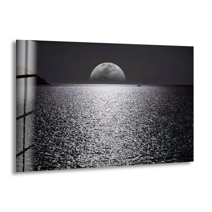 Moonlit Ocean Reflection Glass Wall Art – A Stunning Nighttime Seascape
