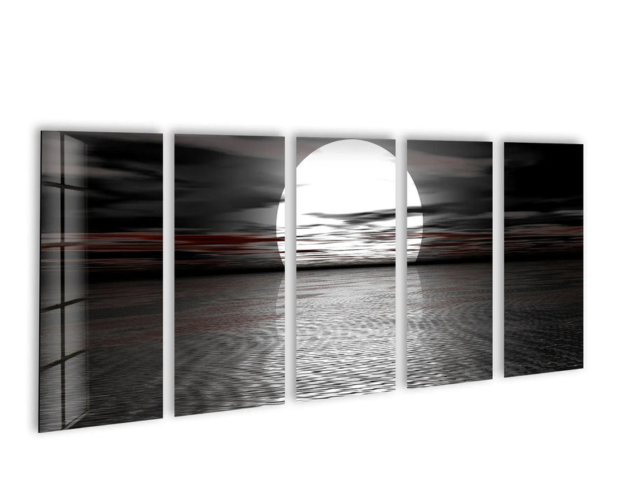 Featuring sleek edges and crisp borders, this black and white full moon sea landscape is a stunning example of contemporary glass art painting.
