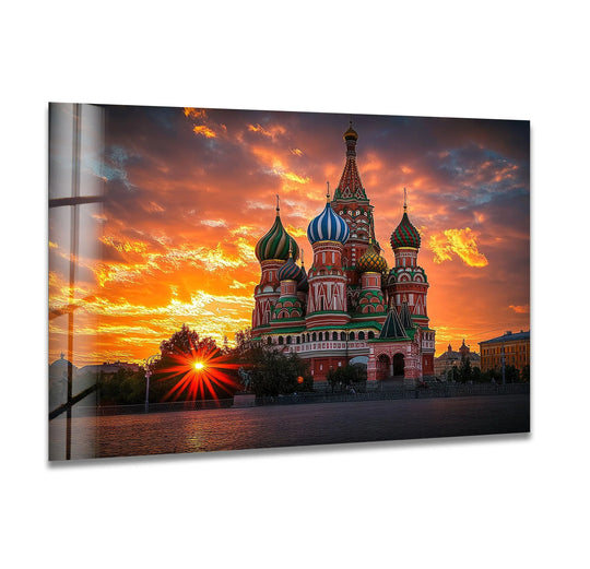 Reflecting the sunset, the edge showcases the smooth surface of Moscow Saint Basils Cathedral glass wall art, highlighting its quality as the best glass art.