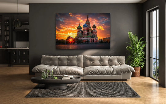 Subtle light and shadow play across the Moscow Saint Basils Cathedral in this striking city print, enhancing the vibrant colors and details of the art from glass.