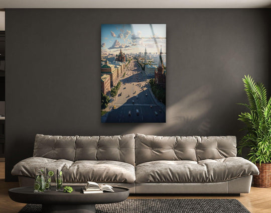 Showcasing the geometric elements within the Moscow Beige city print, the architecture and road lines create angular shapes enhanced by best glass art techniques.