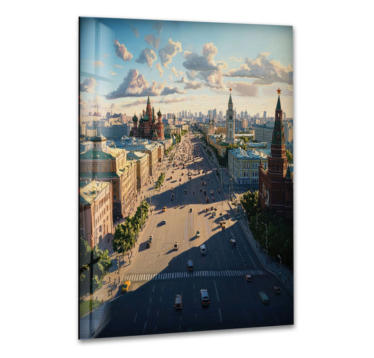 Reflecting shadows define the Moscow Beige glass art, contrasting with the sunlit Red Square in this vibrant city print, offering a stunning glass art focal point.