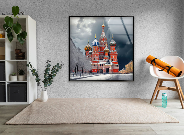 Snowy Moscow Saint Basils Glass Wall Art glass art painting, glass art for the Wall
