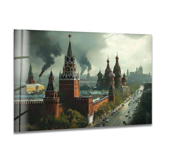 The central subject reveals a striking Moscow Foggy glass wall art piece that could enhance any home decor, capturing the city's iconic architecture under a dramatic, smoky sky.