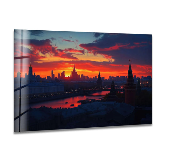 City Prints featuring a Moscow orange sunset and vivid colors as glass wall art plus unique art for home decor