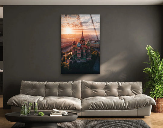 Reflective surface texture is evident in this Moscow Sunset glass wall artwork, where the brilliant city scene shines with a sleek, modern finish.