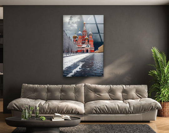 Featuring clean edges and sleek borders, this snowy Moscow Saint Basils glass wall art enhances modern home decor.