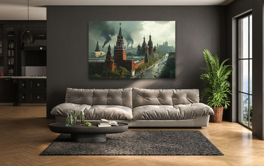 Dramatic color contrast highlights the Moscow Foggy scene in this tempered glass wall art, adding depth to the cityscape print on glass.