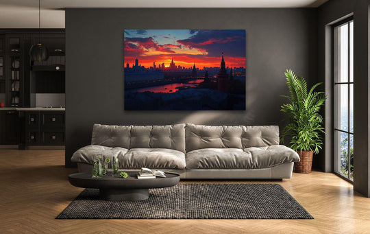 City Prints Moscow Orange Sunset glass wall art with a sunset motif shows a vibrant cityscape and skyline plus cityscape theme