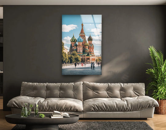 The stillness of the Moscow Saint Basils captured in best glass art brings a serene reflection of the landmark, accentuating its colorful architectural details.