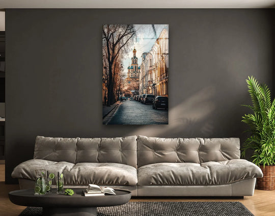 Subdued color saturation enhances the Streets of Moscow city scene on tempered glass wall art, creating a sophisticated look with a vintage-inspired aesthetic.
