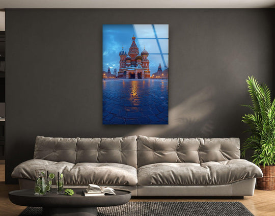 Layers of depth are visible within this Moscow blue glass wall art, giving an almost 3D effect of the architecture with best glass art.