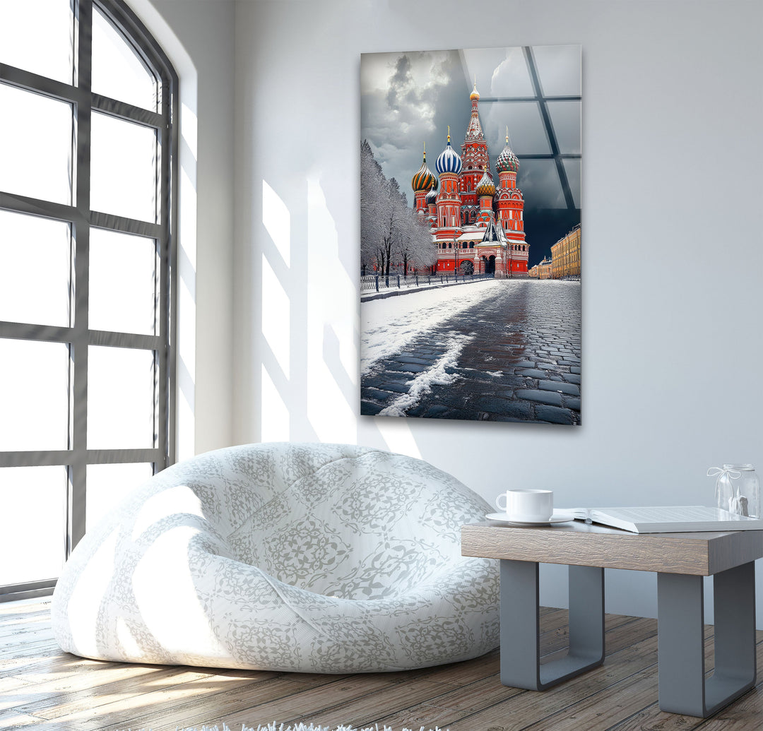 Snowy Moscow Saint Basils Glass Wall Art custom glass pictures, glass art prints
