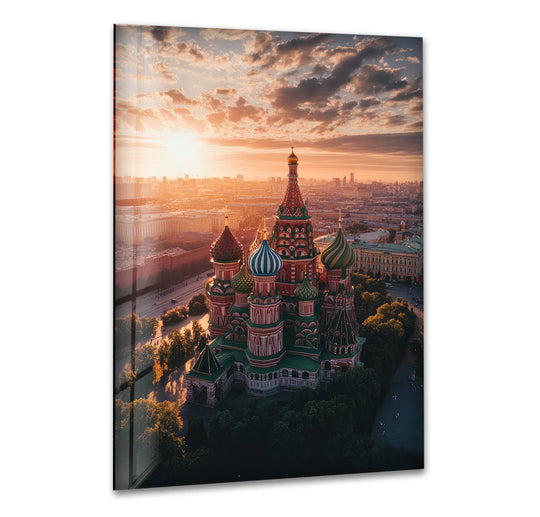 Warm hues dominate this Moscow Sunset glass wall art print, with the sunset casting a golden glow over the cityscape, creating captivating wall art prints.