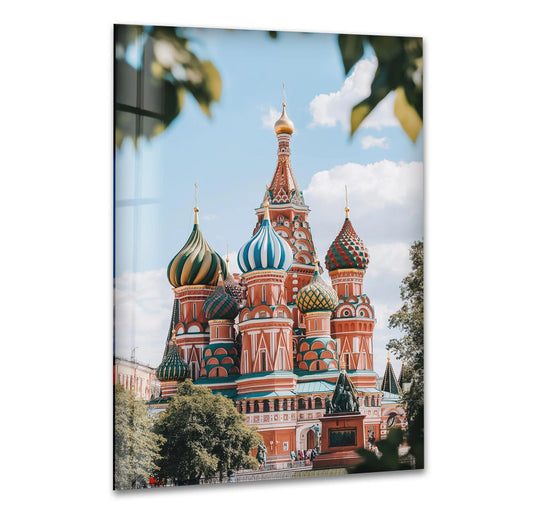 Shadows cast by nearby foliage highlight the ornate architecture of St. Petersburg in this city glass wall art, emphasizing the beauty of glass printing.
