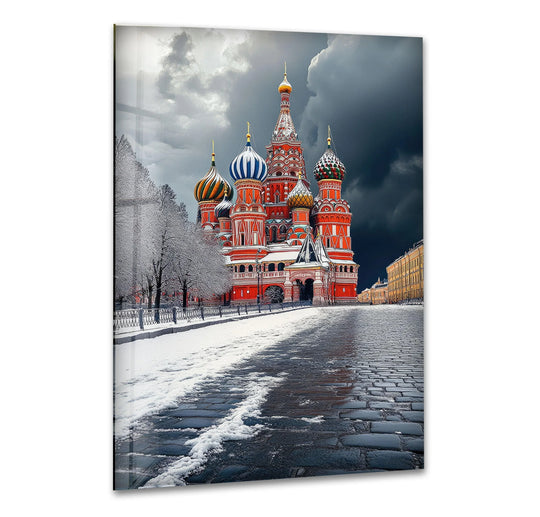 High-quality glass art shows the intricate details of Snowy Moscow Saint Basils, offering a visually stunning and durable piece of wall art.