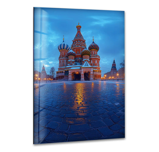 Featuring the abstract quality, this moscow blue glass wall art uses glass printing techniques to create a striking depiction of a city scene.
