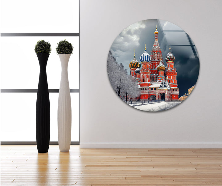Snowy Moscow Saint Basils Glass Wall Art photo print on glass, prints on glass wall art

