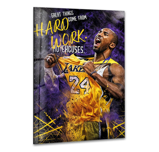 The glass wall art features Kobe Bryant and purple and yellow colors and is a motivational art print and sports wall decor great for any home