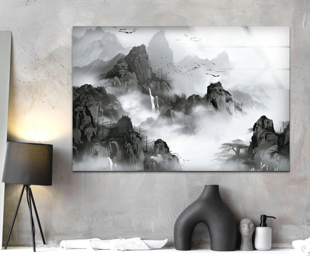 Dreamlike monochrome landscape featuring hazy cliffs, waterfalls, and serene natural depth.