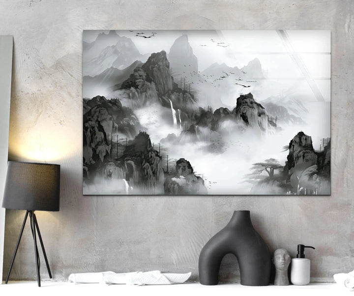 Dreamlike monochrome landscape featuring hazy cliffs, waterfalls, and serene natural depth.