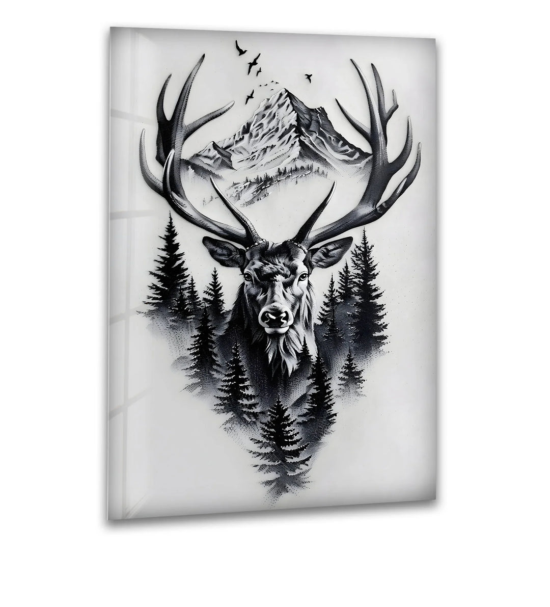 Black and white glass wall art featuring a majestic stag with mountains and pine trees.
