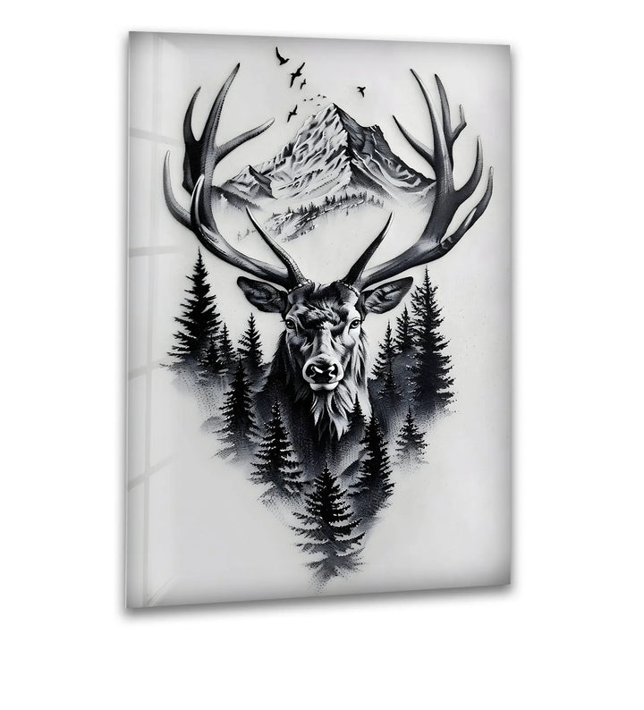 Black and white glass wall art featuring a majestic stag with mountains and pine trees.
