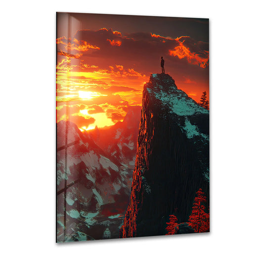 Landscape glass wall art dramatic sunset peaks and Summit of Fire glass wall art with fiery mountain landscape
