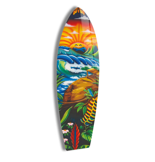 Vibrant pop art surfboard glass wall artwork features a jubilant sun smiling over crashing sapphire waves and lush tropical foliage.