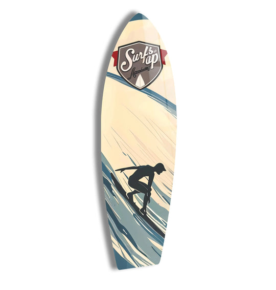A layered glass wall art piece depicts a surfer riding a wave with a 'Surf's Up' logo, blending home decor with a dynamic composition.