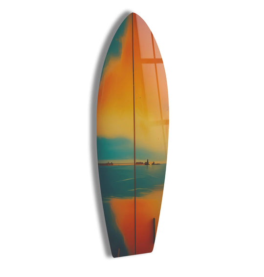 Organic forms flow in this sunset surfboard wall art, bringing vibrant tempered glass wall art to capture the ocean sunset's beauty.