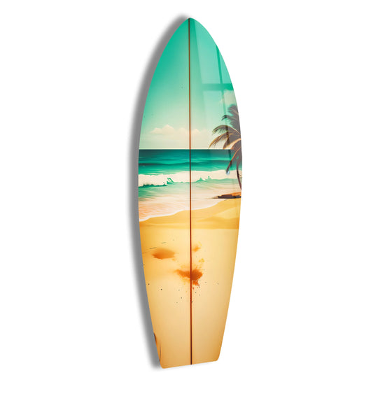 SurfBoard with beach motif golden sands and palm trees plus ocean themed beach decor for coastal homes and tropical surfboard wall art