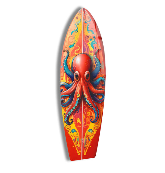 Vibrant red surfboard art featuring a colorful octopus with bold blue tentacles, a stunning piece of unique modern wall decor.