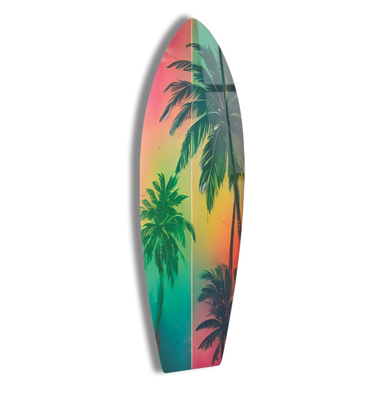 SurfBoard with palm trees and soft colors is surfboard wall art decor plus tropical vibes and stunning UV printing for a stylish glass wall art.
